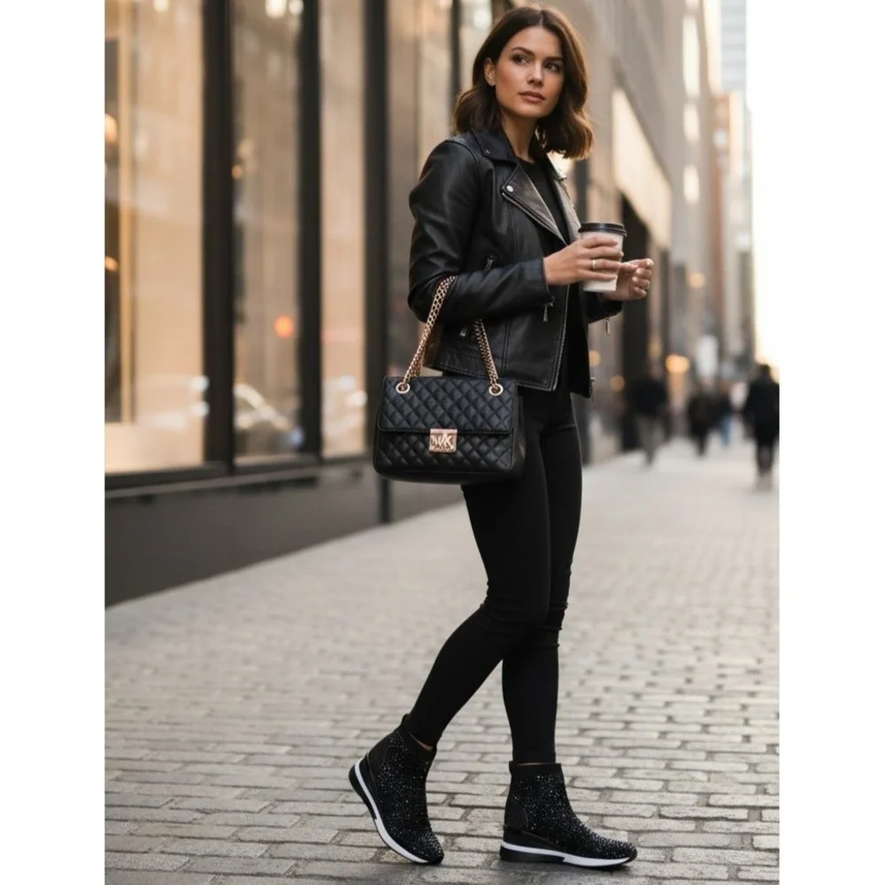 Michael Kors Black Skyler Stretch-Knit‎ Bootie Sock Crystal Embellishments -8.5M